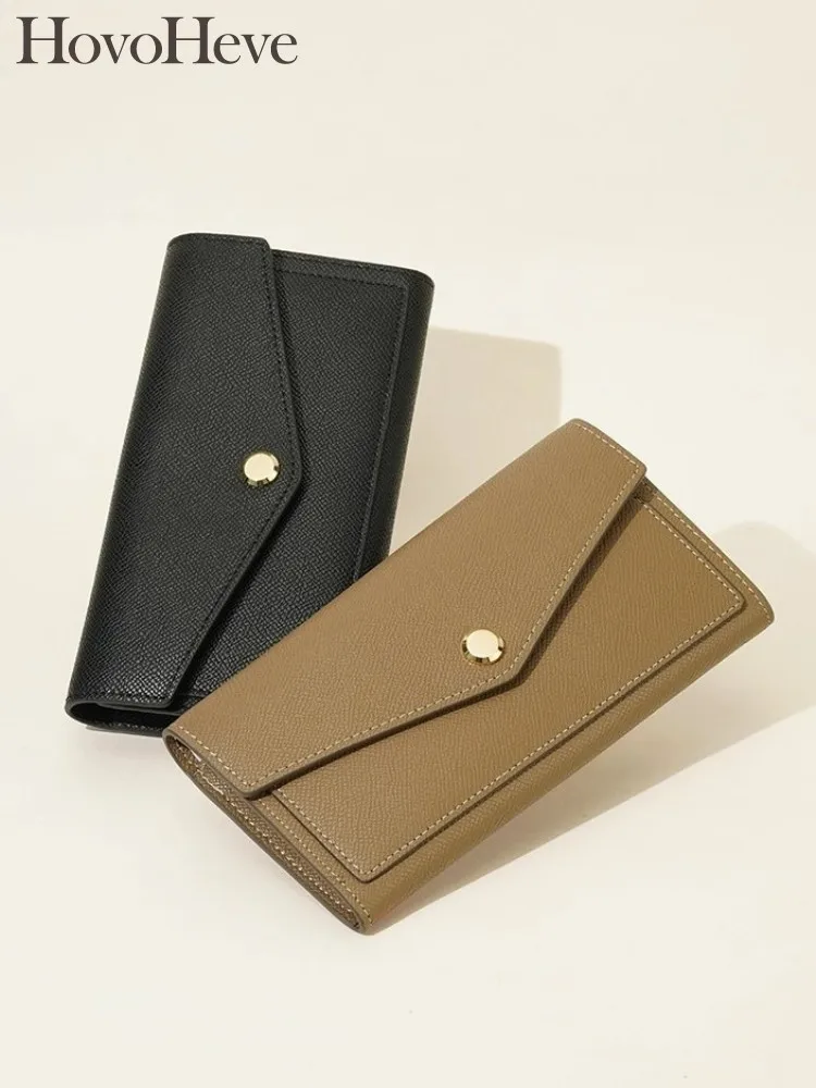 

Design Genuine Leather Women Flap Wallet Classic Design Office Ladies Clutch Bag Solid Color Cowskin Vintage Elegant Long Purse