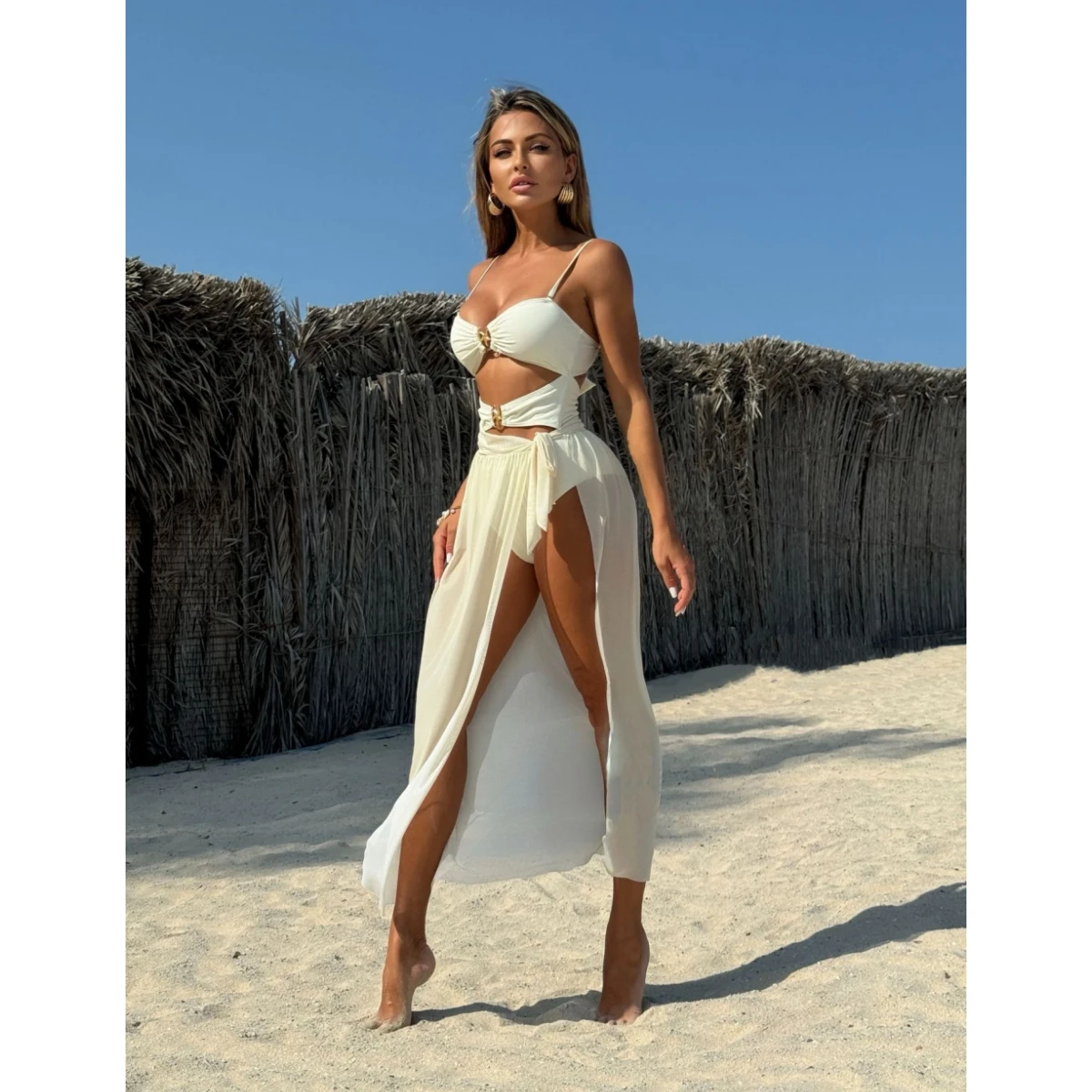 

Hollow Out Bikini 2025 Women With Dress Swimsuit Female Solid Swimwear Summer Beach Wear Bathing Swimming Swim Suit