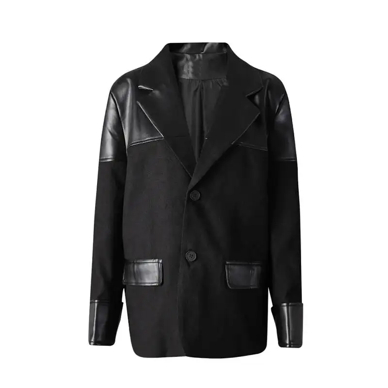 Women Black Pu Leather Spliced Big Size Elegant Blazer New Lapel Long Sleeve Jacket Fashion Spring Autumn 2026 2U6W