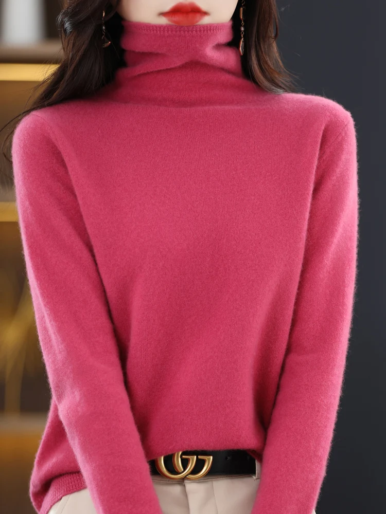 Women\'s Autumn Winter Basic Turtleneck Pullover Sweater 100% Merino Wool Solid Long Sleeve Cashmere Knitwear Clothing Tops