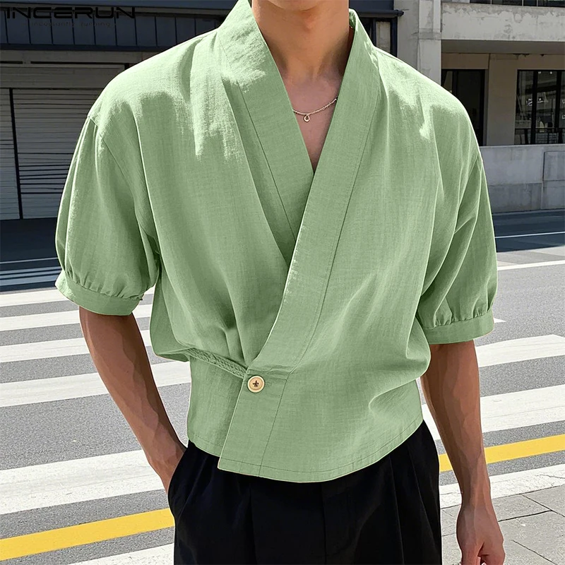 INCERUN Tops 2025 Korean Style Fashion Men's Slanted Placket Collarless Shirts Casual Streetwear Solid Waist Long Sleeved Blouse