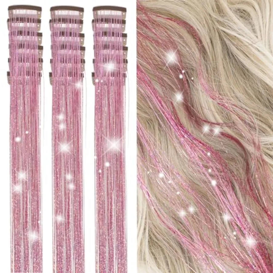 

Hair tinsel kit for festivals and parties, polyester, silver/gold/pink, heat-resistant clips, 19.6-inch glitter strands, pack o