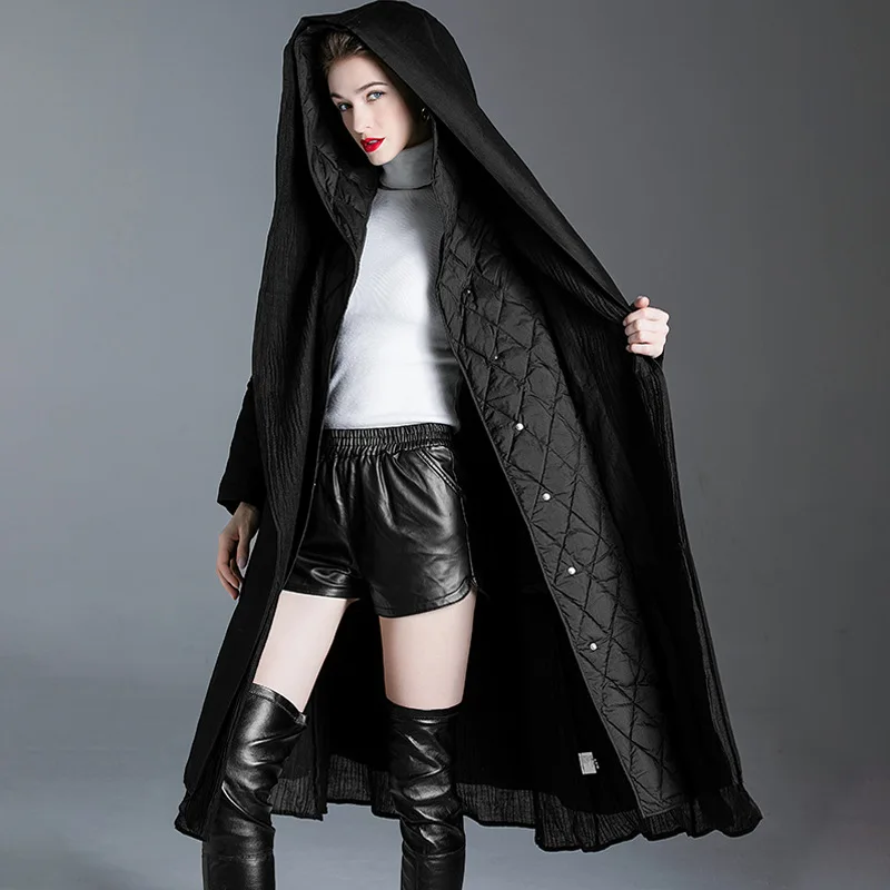 Luxury High Quality Down Long Trench Coat Patchwork Hooded White Duck Down Coat Women's Winter Warm Lightweight Slim Outerwear