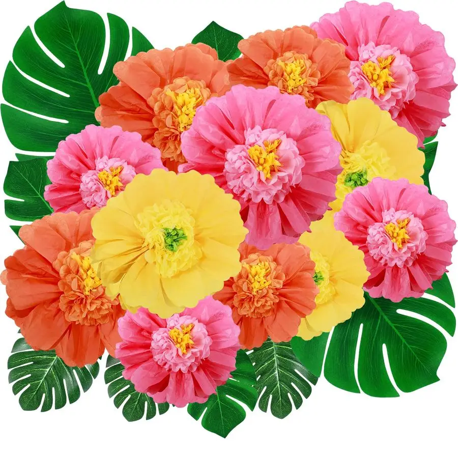 

Набор декораций для тропической вечеринки: большие цветы гибискуса из папиросной бумаги, искусственные пальмовые листья для гавайского луау, сафари, мексиканских праздников