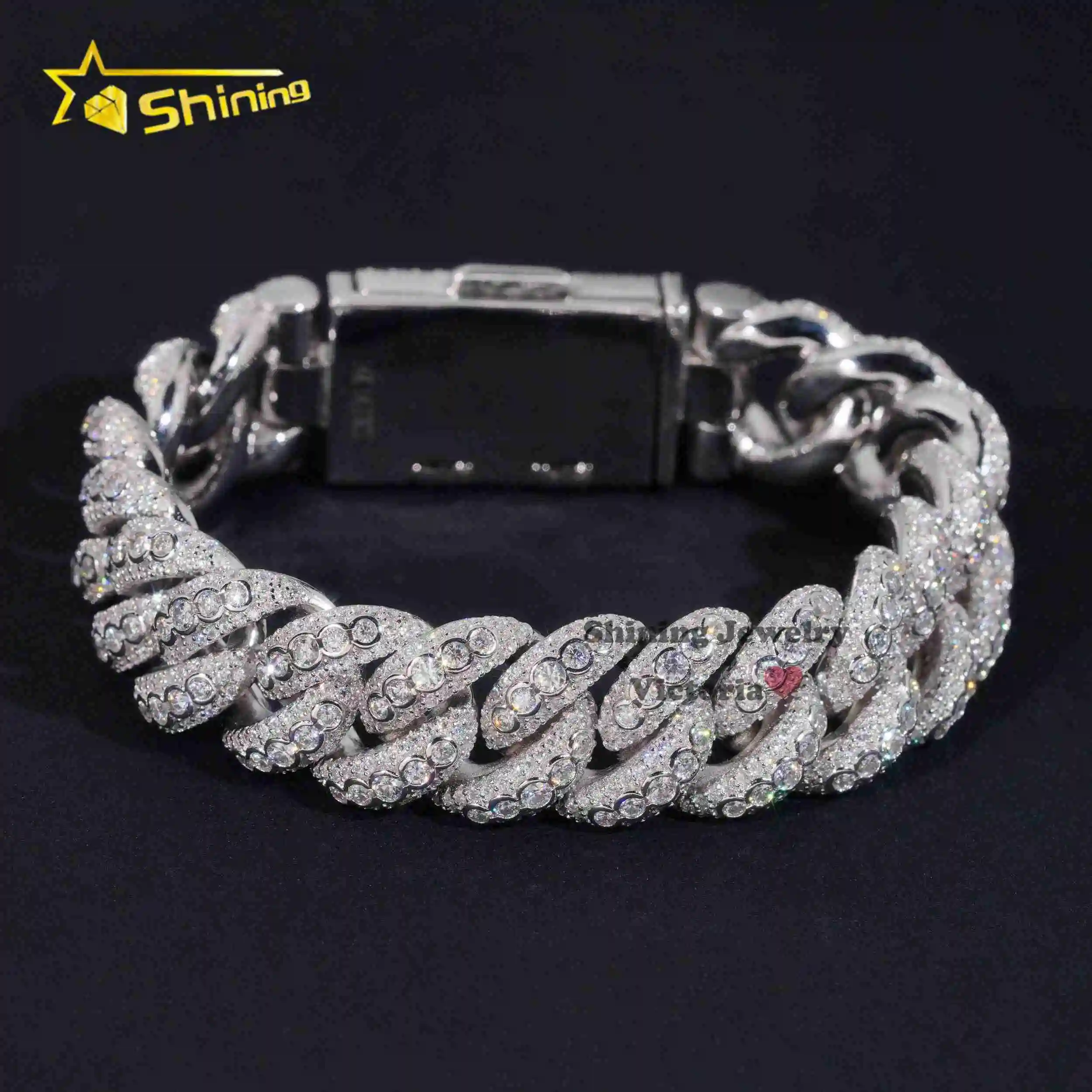 

Iced Out Jewelry 15MM 925 Sterling Silver GRA Certificate Diamond Moissanite Cuban Link Chain Bezel Setting Cuban Bracelet
