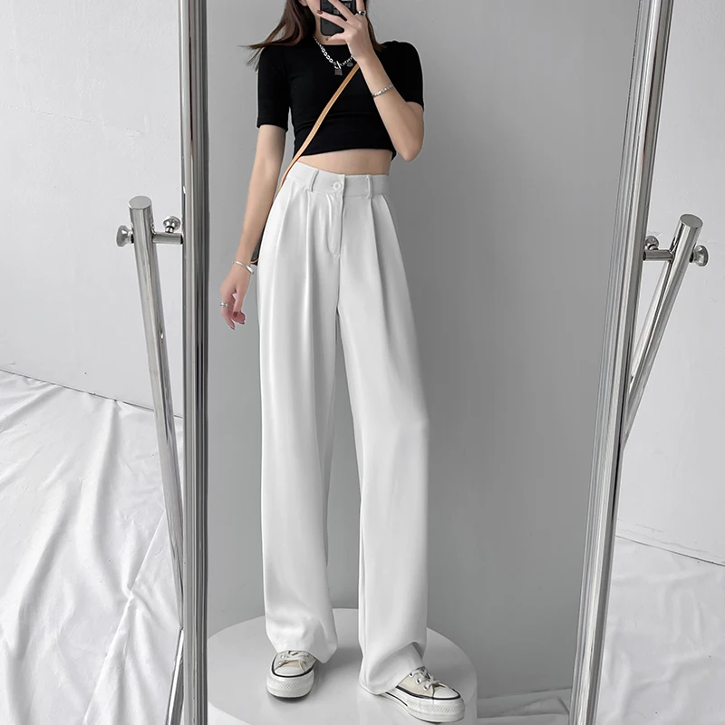 White High Waist Draped Wide Leg Casual Pants Women's Spring New Style Loose Slimming Straight Floor-Length Trousers
