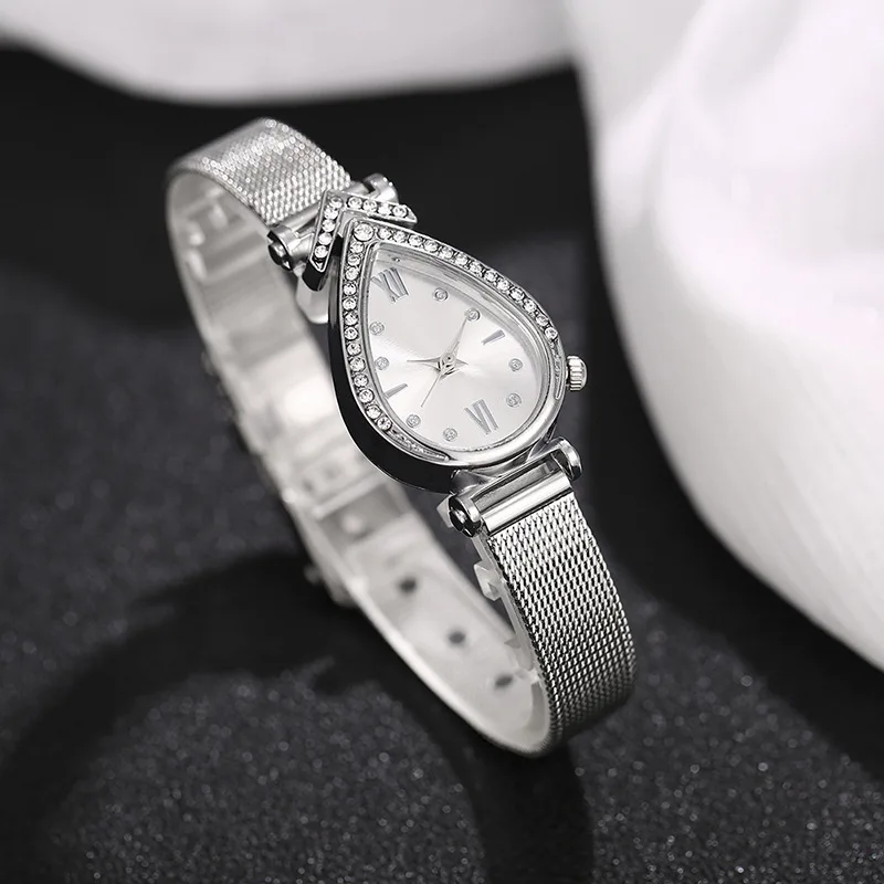 Women's Quartz Watch Vintage Water Drop Shaped Ladies Wrist Watch Diamonds Fashion Niche Design Mesh Strap Student Daily Wear