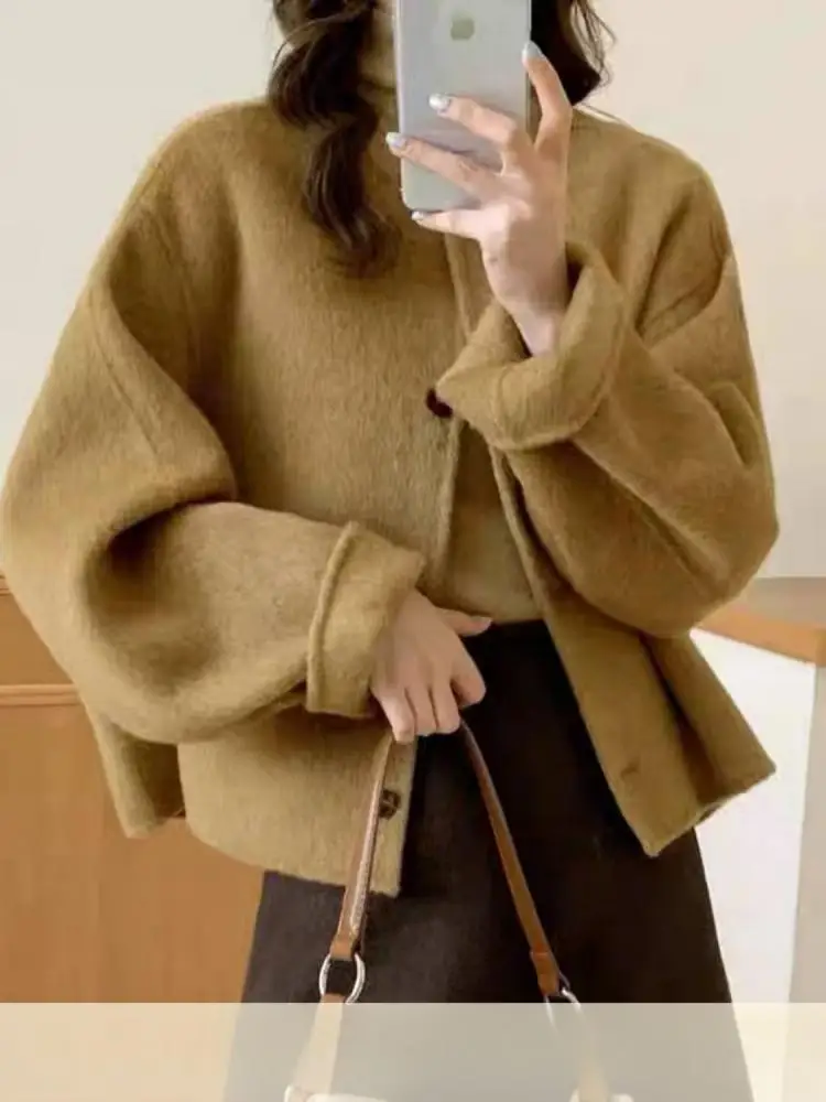 

Офисные женские однобортные короткие шерстяные куртки женские осень-зима 2025 с круглым вырезом свободные женские пальто из 100% шерсти