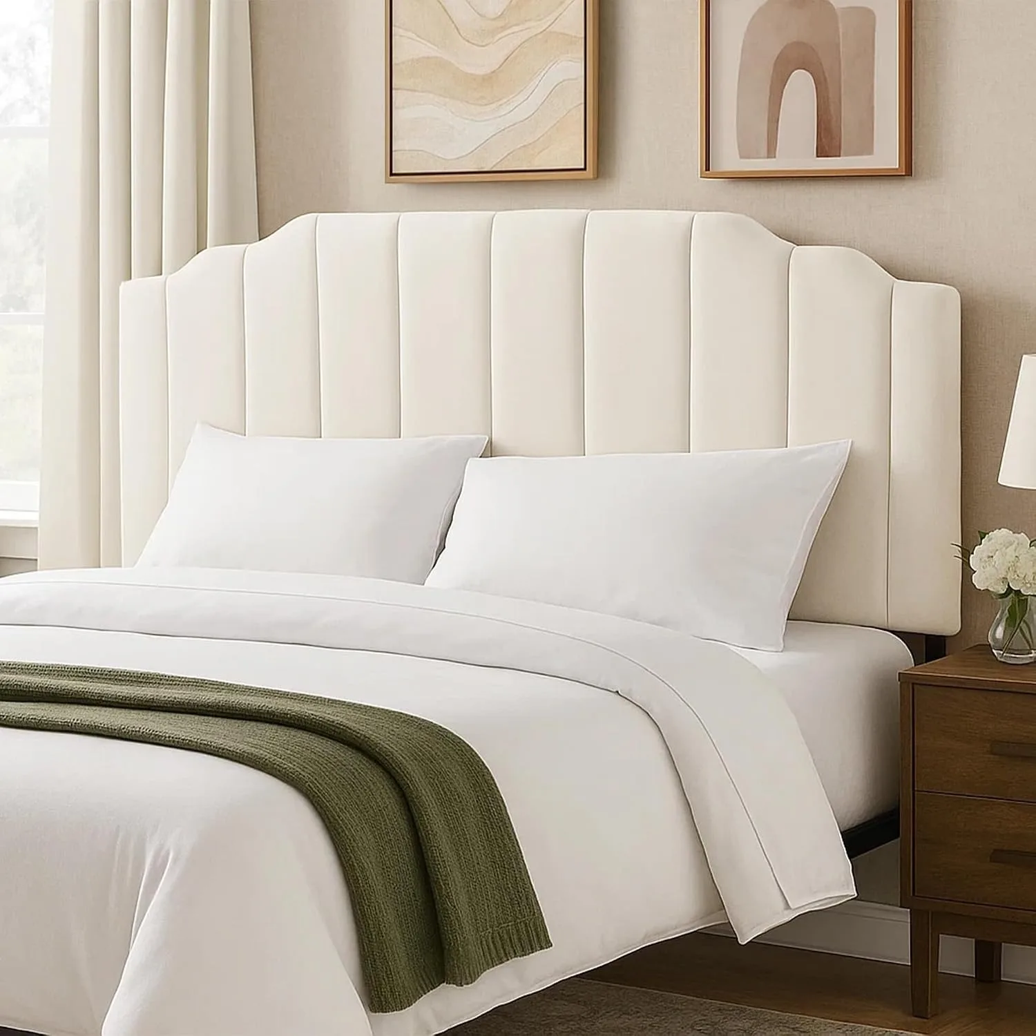 Upholstered Headboard Adjustable Height Queen/King Headboard Cream Velvet Tufted Modern Vertical Channel Design, Customized