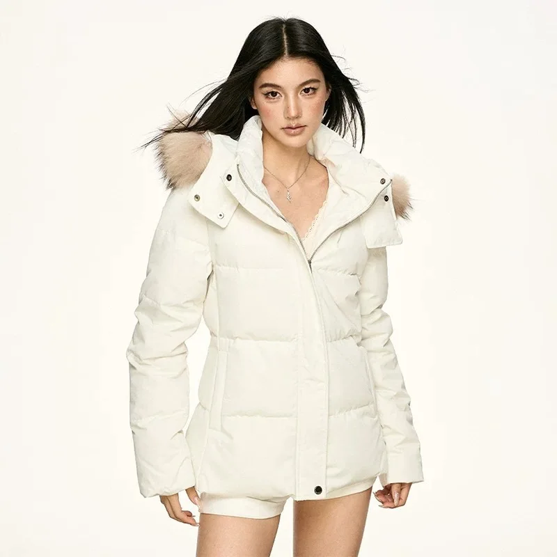 Detachable Faux Fur Hooded Puffer Coat Women Waist Slim Fit Short Thick Warm Solid Color Casual Fashion Outerwear Cotton Jackets