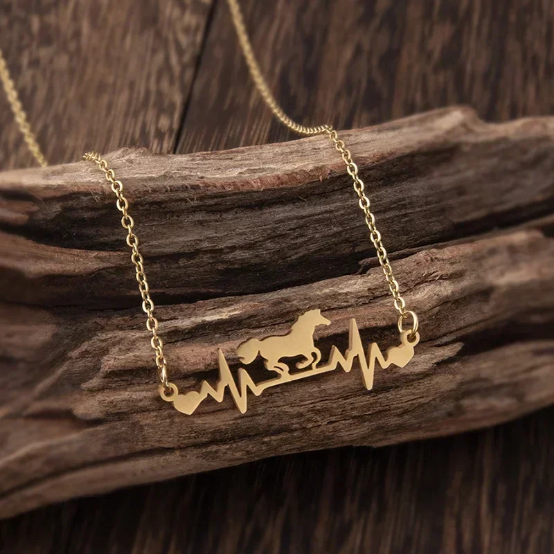 Stainless Steel Horse Heartbeat ECG Necklace Heart In A Gallop Animal Necklace