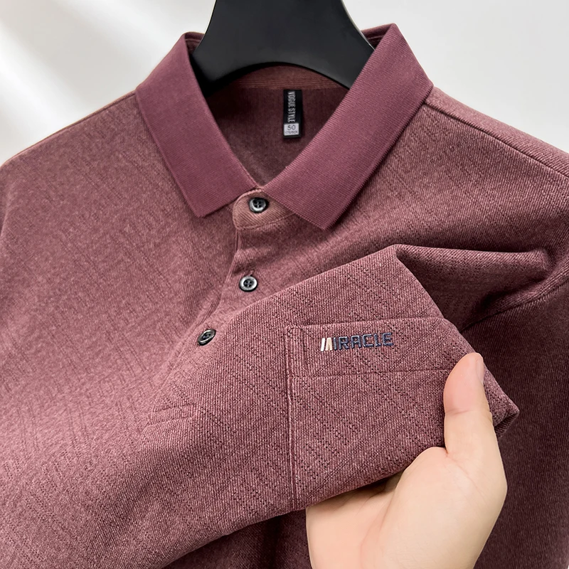 High quality long sleeved men's polo shirt autumn fashion personalized pocket embroidery jacquard golf top silk casual T-shirt
