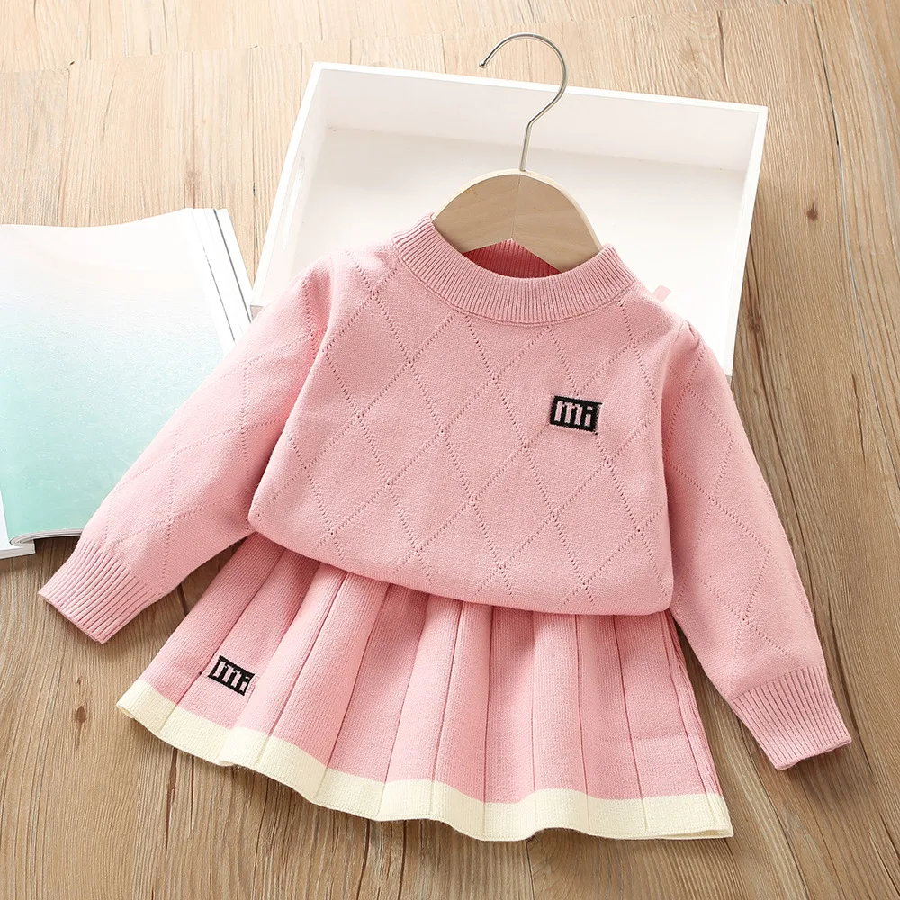 2025 new girl sweater set autumn and winter new Korean version of foreign pure color little girl knitted long -sleeved sleeve sk