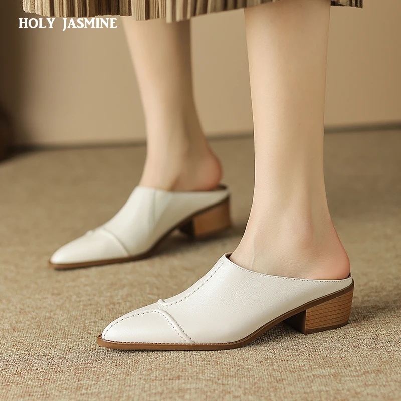 Genuine Leather Spring Women Muller Slippers Hollow Square Toe High Heel Solid Color Comfortable and Breathable Casual Slippers