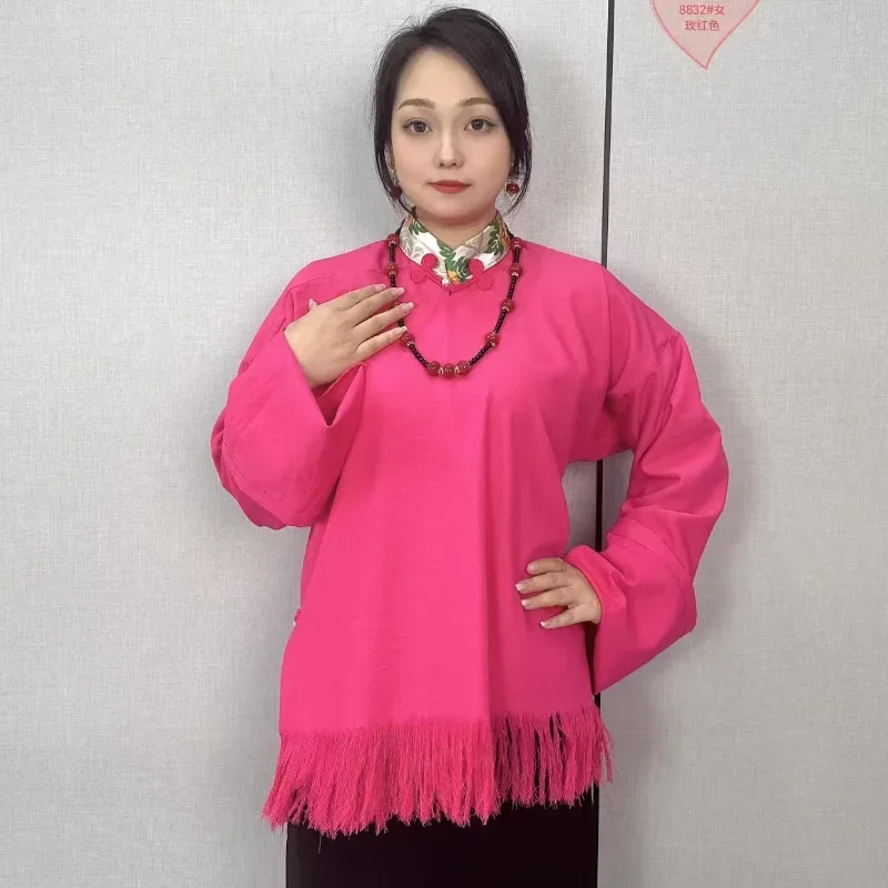 Camisa con botones y borlas de primavera y verano para mujer de estilo tibetano chino