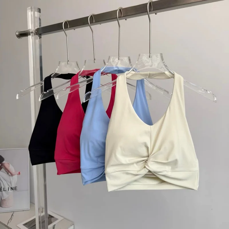 Halter Twist Sports Bra Women Fixed Padded Yoga Crop Top Breathable Shock Absorbing Workout Top Pilates Gym Fitness