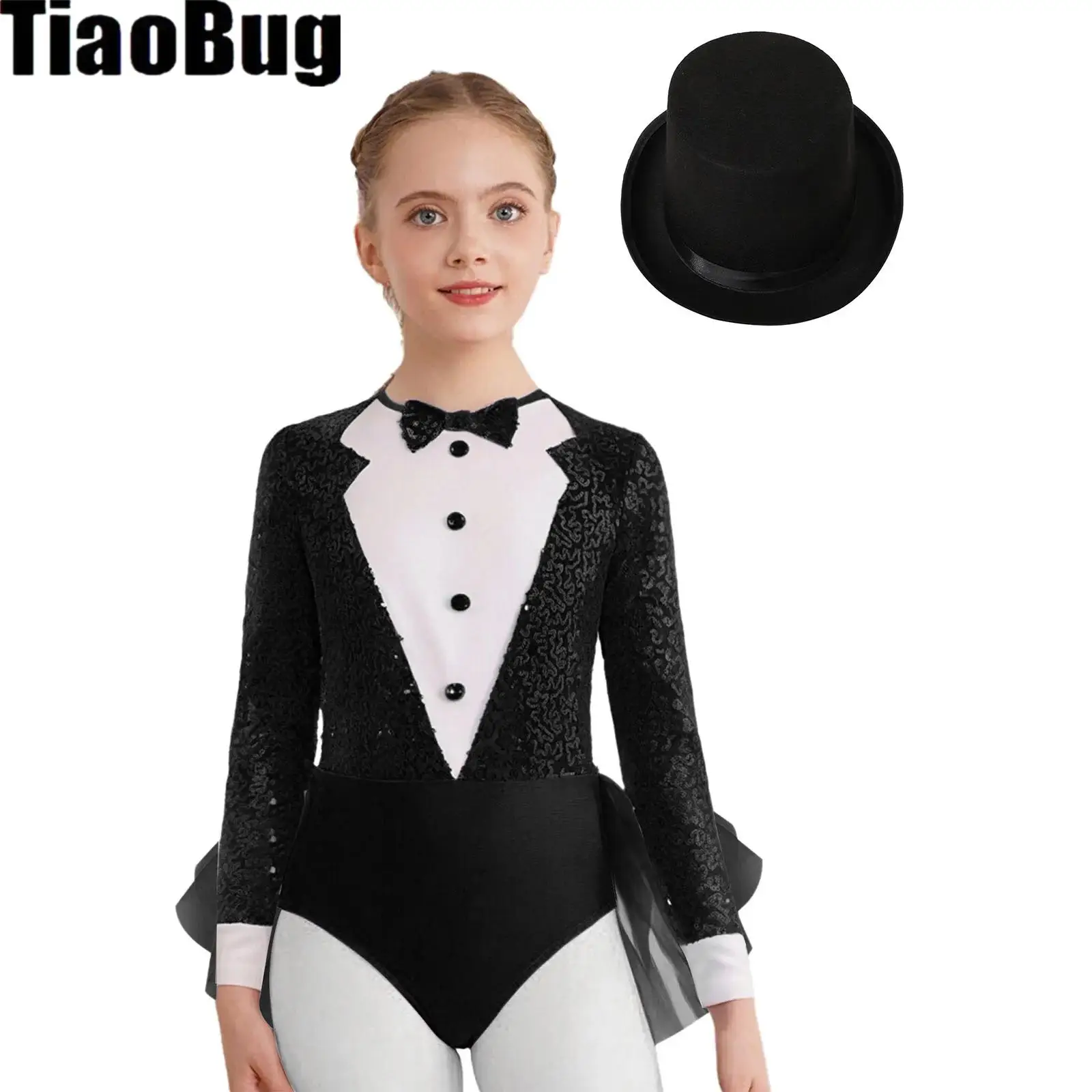 

Kids Girls Magician Jazz Outfit Back Invisible Zipper Sparkly Sequins Color Block Bodice Tulle Skirted Leotard with Hat