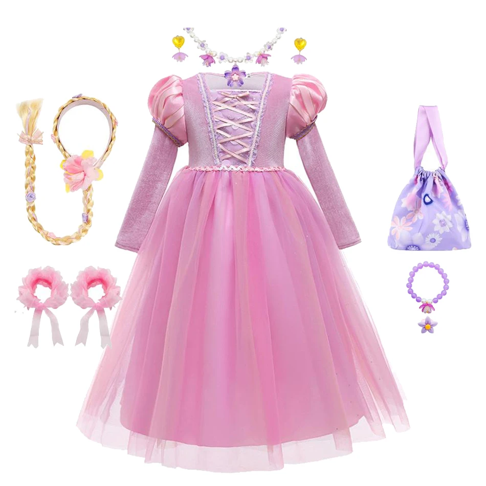 Girls Rapunzel Dress Pink Long Sleeve Gown with Crisscross Lace-up Sheer Tulle Skirt Ideal for Birthday Theme Events Halloween