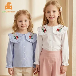 2026 New Spring Autumn 2 3 4 6 8 10 Years Cotton White Blue Striped Embroidery Flower Flare Sleeve Kids Baby Girls Blouse Shirt