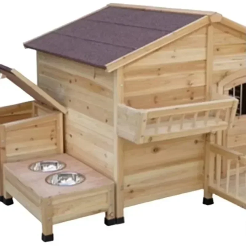 Dog House Wooden Outdoor with Porch Food Bowl Birds String Solid 2pcs Home Log Cabin Style Kennel Weather Resistant