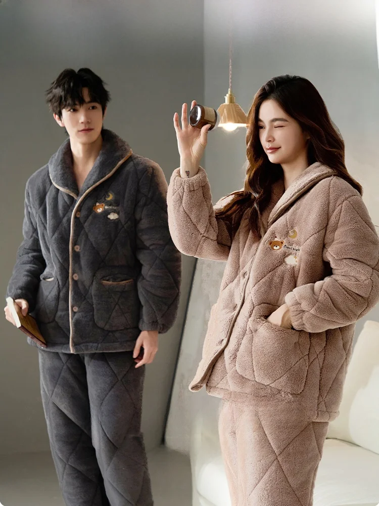 Couple's Sleepwear Thickened Coral Fleece Padded Cotton Three-Layer  Person Home Clothes Warm Cute Autumn Winter New Style