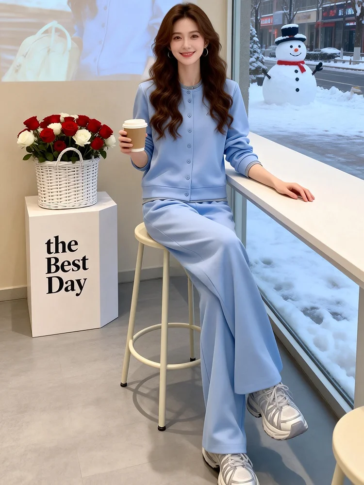 

Spring Trendy Casual Sportswear Set Women Anti-Aging Stylish Blue Jacket Top Wide Leg Pants Two Piece Set Comfortable Long Sl...