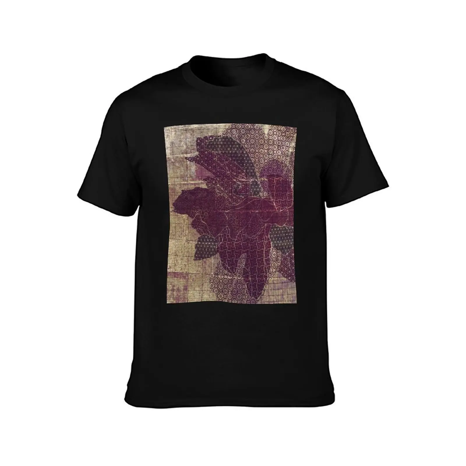 Peony and Japanese Pattern - Olive&Aubergine T-Shirt Trendy Print Short Sleeve T-Shirt