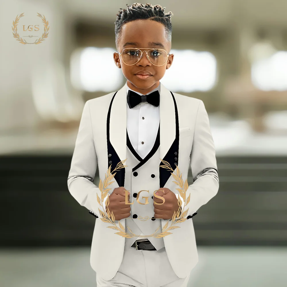 Boys Beige 3-Piece Suit Set Contrast Lapel Elegant Design for Wedding Party Host Stage Performance Birthday Occasion