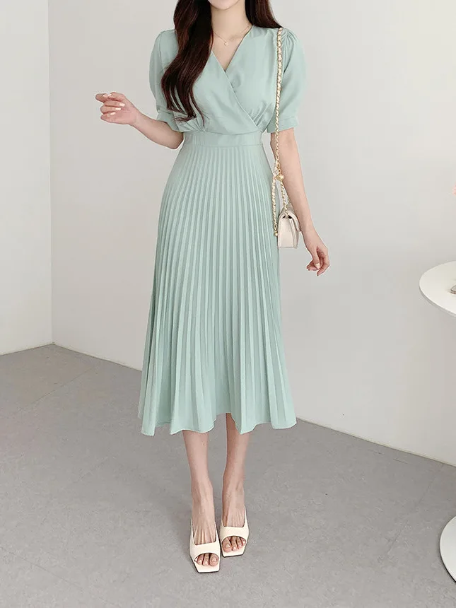 Vestido Psado F Novo de Verão com Decote em V, Manga Bufante, Cintura Ajustada, Estilo Midi Slim A-Line, Espura ...