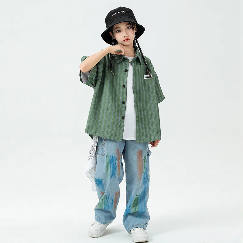 Jazz Costume Hip Hop Girls Clothing Green Shirt Hip Hop Rainbow Jeans For Kids Performance Modern Dancing Clothes