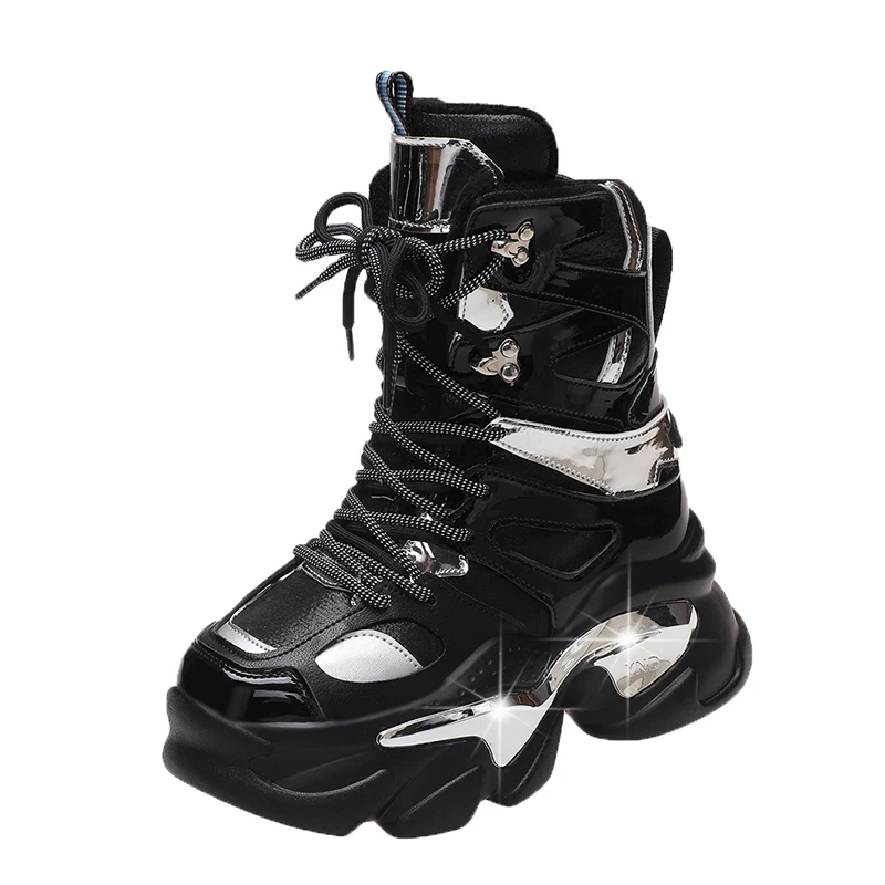 Women Warm Plush Ankle Boots 2025 New Winter High Top Chunky Leather Sneakers 8CM Heels Lace-up Motorcycle Platform Snow Botas