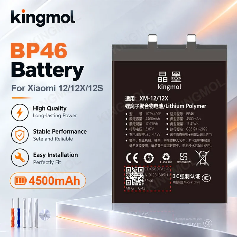 2026 Years New BP46 Battery For Xiaomi MI 12/12X/12S 4500mAh Kingmol Replacement Phone Batteries Bateria +Free Tools