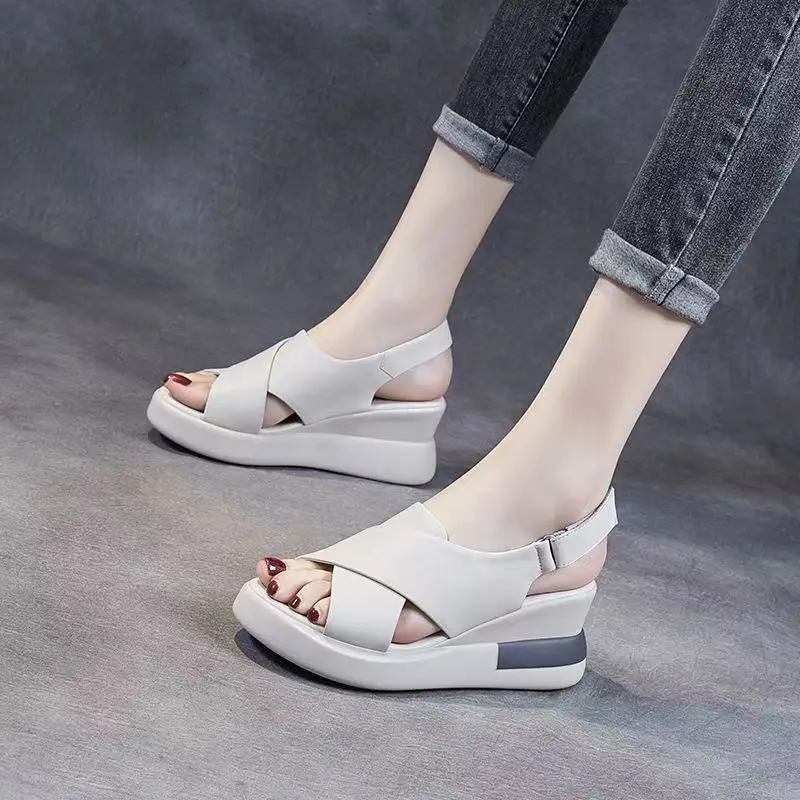 

Thick-soled Wedge Sandals for Women 2025 New Summer High-heeled Fish Mouth Women's Shoes Soft Leather Height-increasing Plat