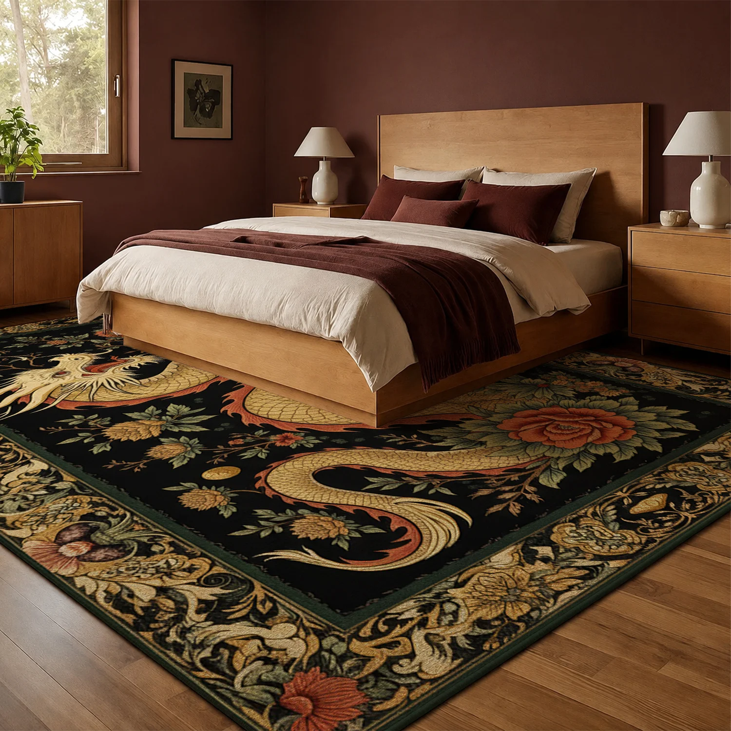 Large Indoor Area Rug, Soft Velvet Low Pile with Non-slip Dotted Backing, Machine Washable Ornate Traditional Golden Dragon Floral Pattern Decorative Rug for Living Room Bedroom, Vintage Style Floor Mat with Black Base & Warm Red Gold Accents