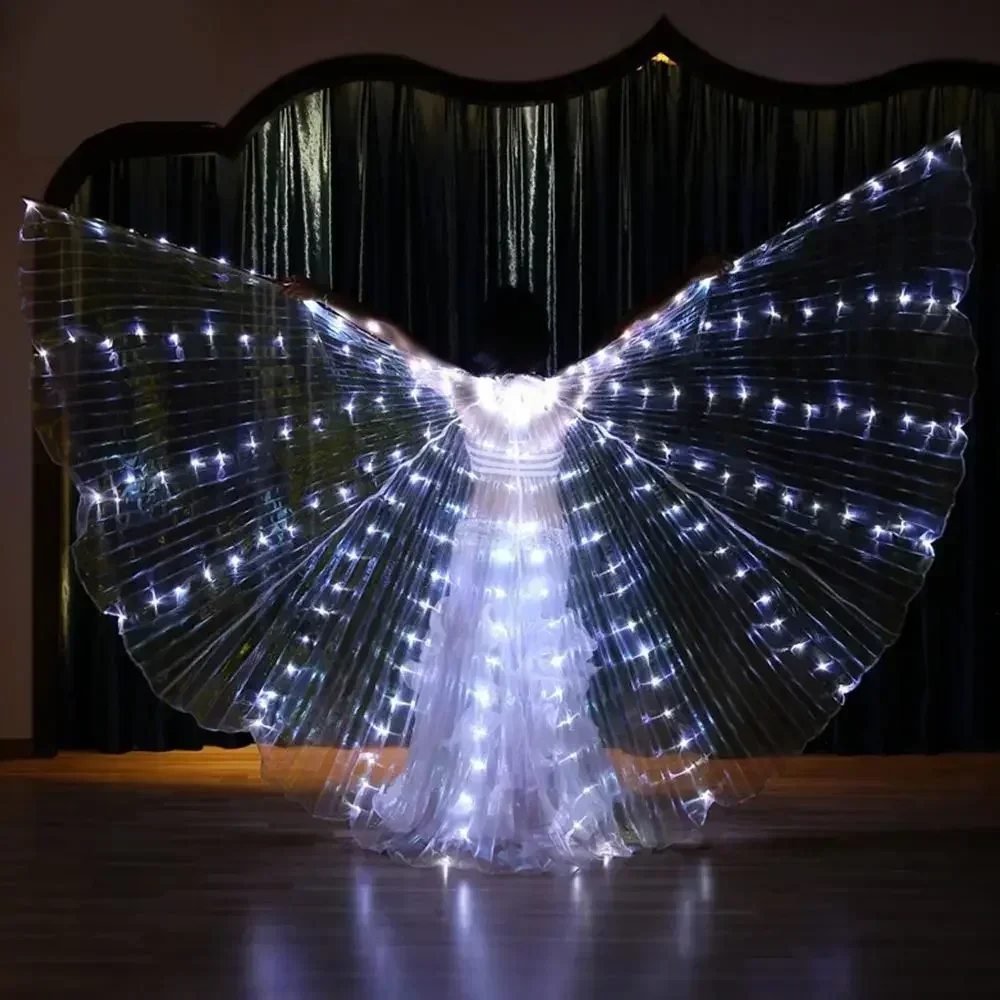 Glowing Belly Dance ปีกผีเสื้อส่องสว่าง LED ปีกเรืองแสงแสดง Telescopic Sticks เครื่องแต่งกายผู้ใหญ่