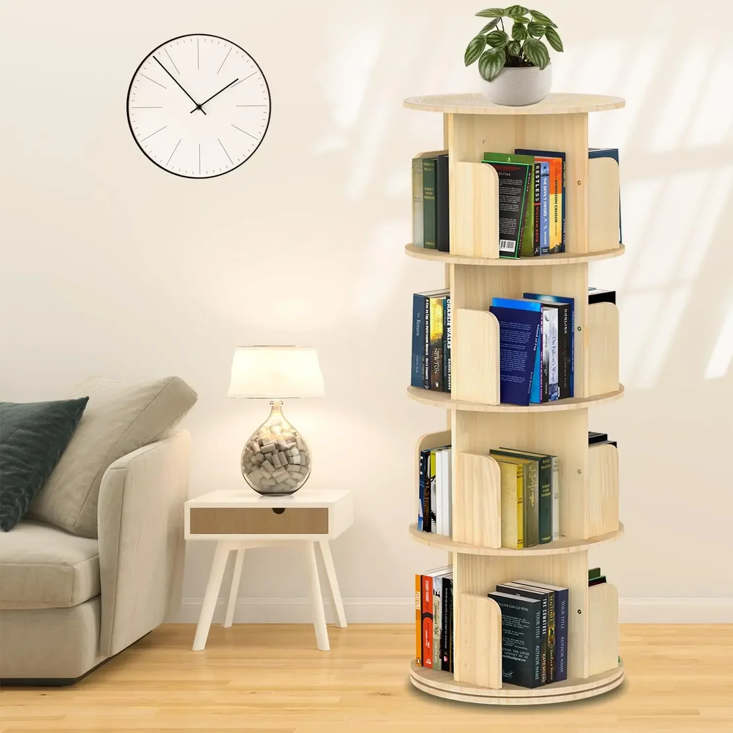Bookshelf Tower, 360 Display Spinning Bookshelf, 4 Tier Revolving Bookcase for Kids&Adults, Rotating Bookcase for Bedro
