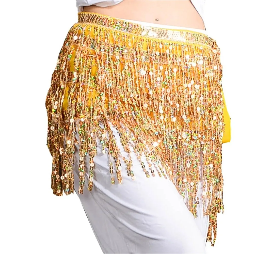 Hula – jupe courte de danse latine à 4 couches, en mousseline de soie, à paillettes, chaîne de taille, accessoires de danse multicolores, écharpe de hanche à pompon, fête