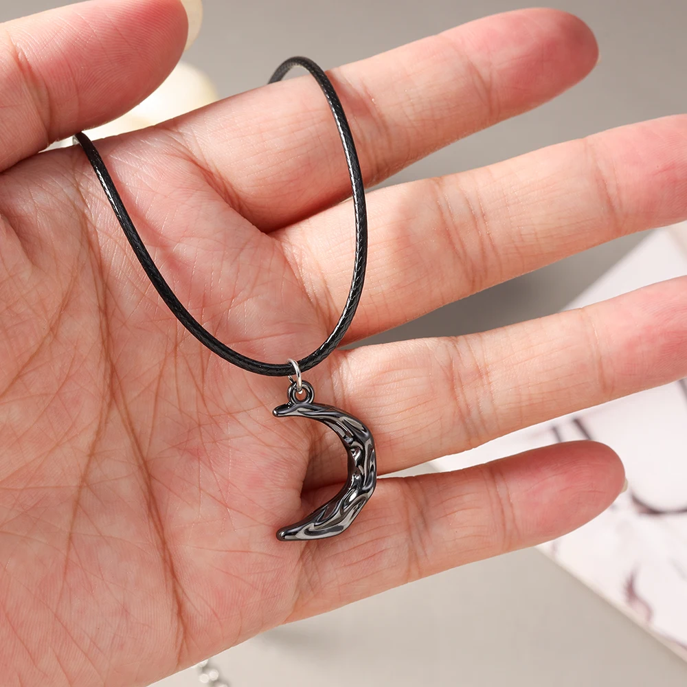 Aihua Hip-Hop Halskette mit Sonne-Mond-Stern-Anhänger in Gunmetal-Schwarz für Damen und Herren, Punk-Stil mit schwarzem Seilband, Y2K-Party-Schmuckgeschenke – Detail 10