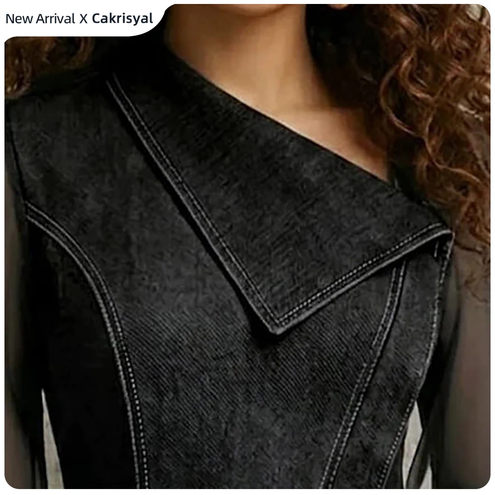 

Women's Asymmetrical Collar Denim Blouse Elegant Sheer Mesh Lantern Sleeve Casual Shirt Summer Irregular Hem Vintage Fashion Top