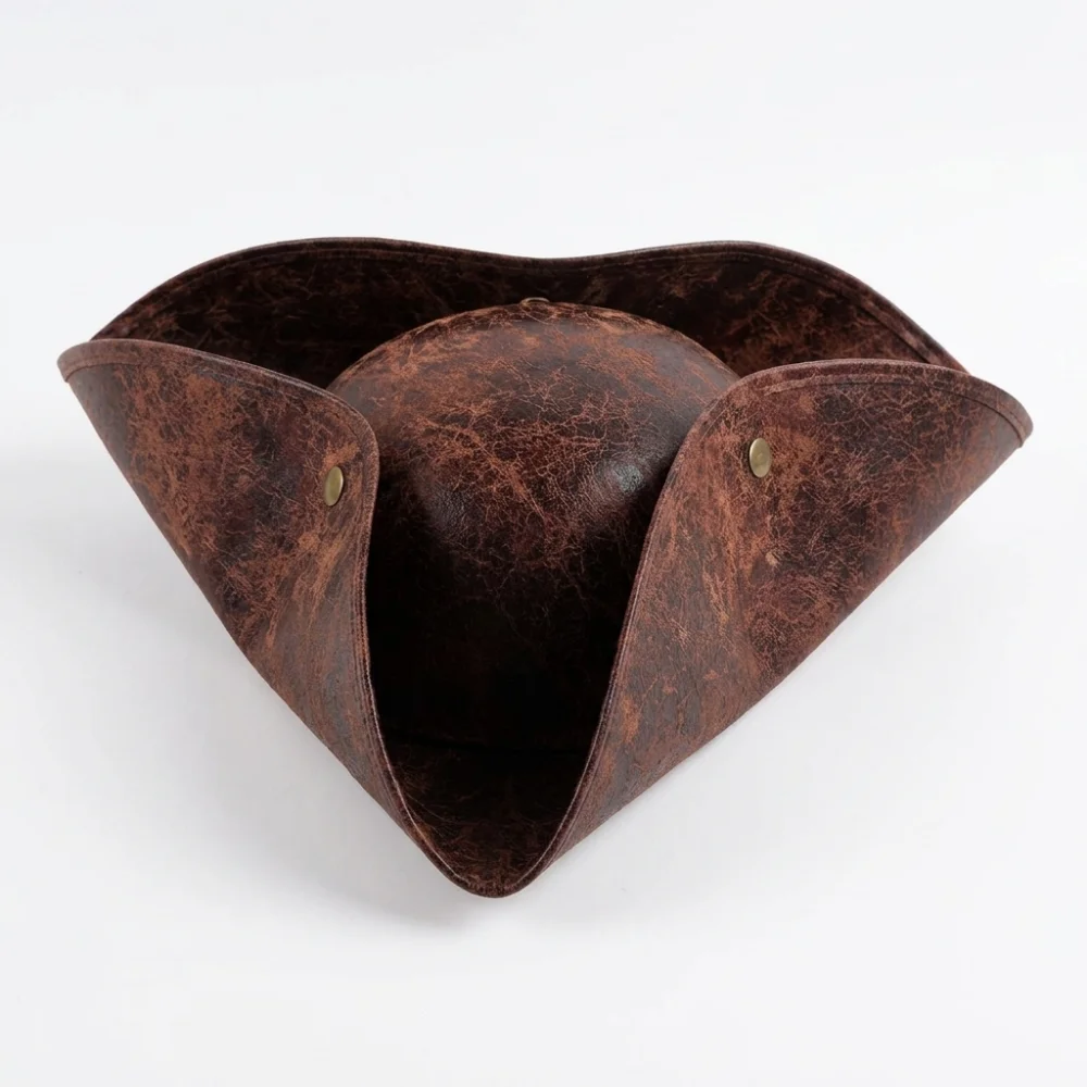 Brown Vintage Faux Leather Pirate Tricorn Hat For Men Women Distressed Captain Costume Accessory Halloween Cosplay Prop
