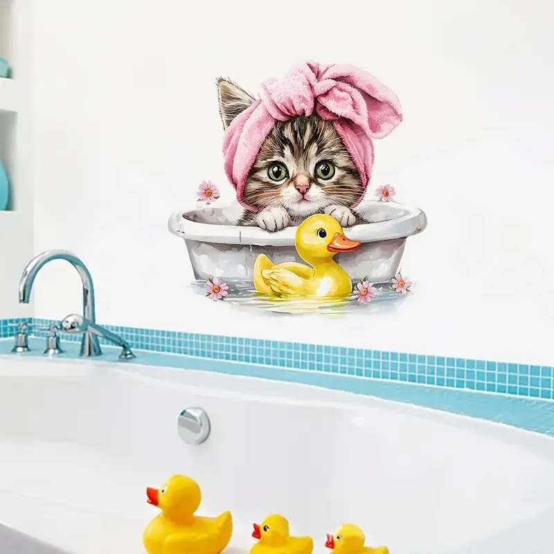 Cartoon Cat Bath Decal Bedroom Entryway Living Room Home Decoration Wall Stickers, Waterproof Vinyl Toilet Car Stickers