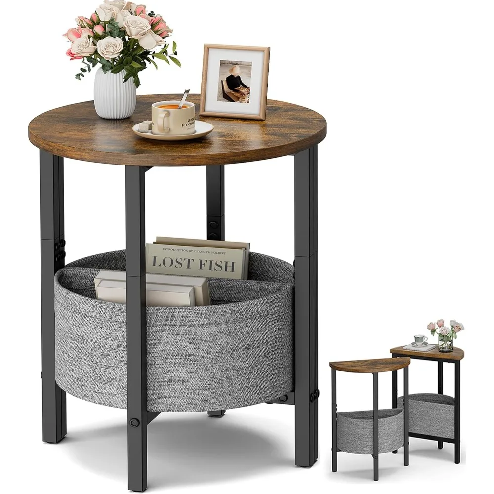 

Vagusicc Small Round Side Table, Accent End Table with Storage Basket, Set of 2 Half Round Coffee Table End Table, Half Moon Bed