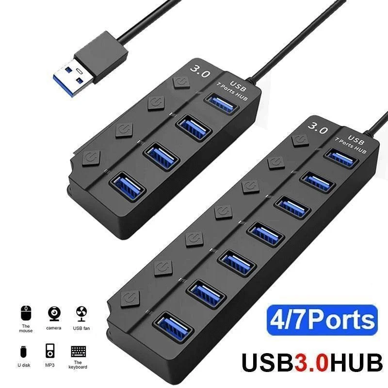 

4/7 Ports USB3.0 Adapter Portable USB Multiport USB 3.0 Ports Hub with Switches LED Converter 5Gbps Data Transfer for Laptop PC