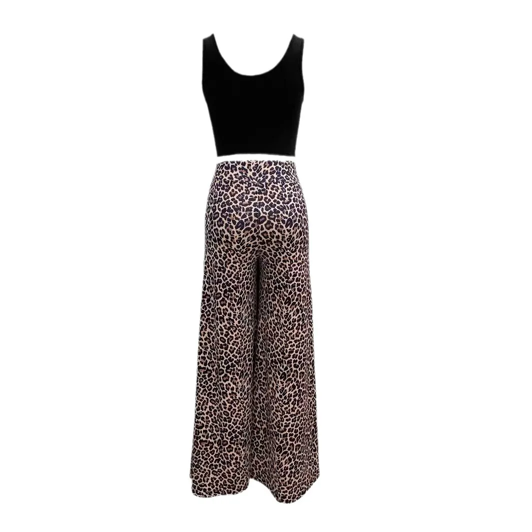 Two Piece Sets Women Outifits 2024 Summer Fashion Square Neck Sleeveless Crop Tank Top & Leopard Print Pocket Wide Leg Pants Set