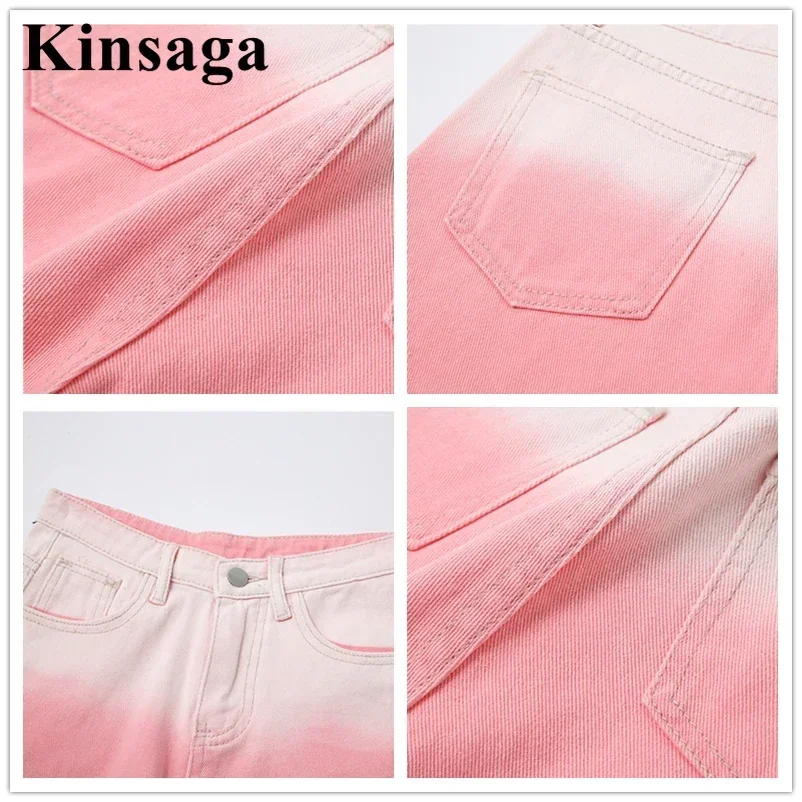 Women Street Cuffed Gradient Color Short Pants Jeans Feminino Summer High Waisted Loose Straight Pink Denim Shorts Y2K Hotpants