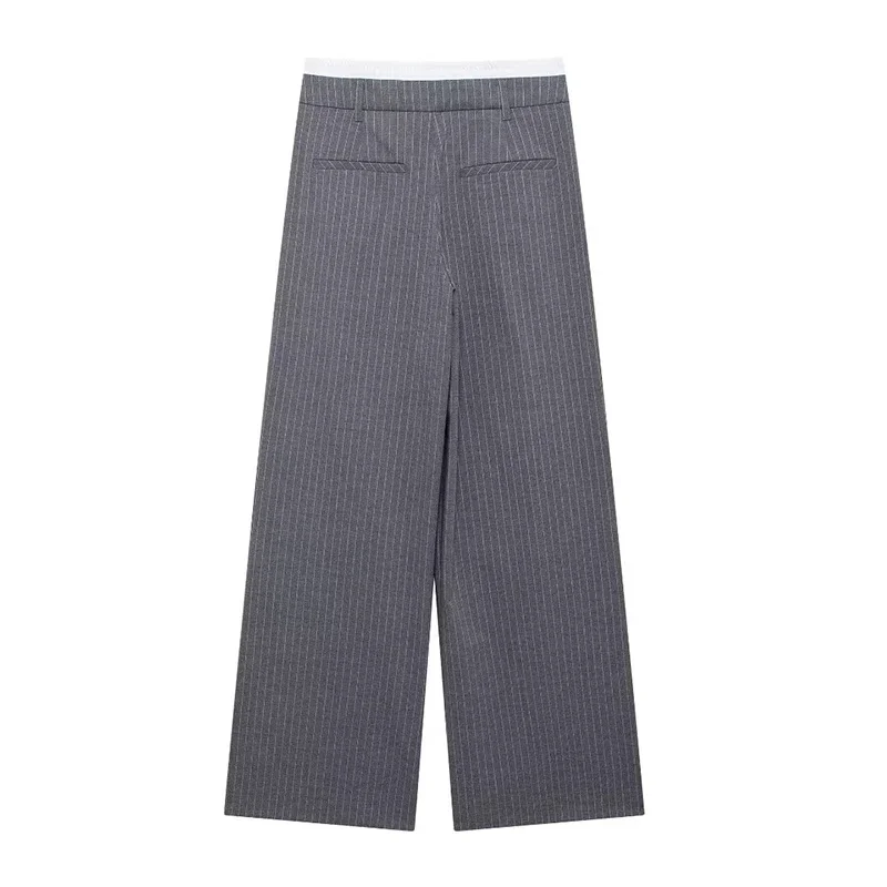 Women Fashion Grey Striped Pleated Front Zipper Straight Pant Vintage High Waist Full Length Female Chic Lady Trousers