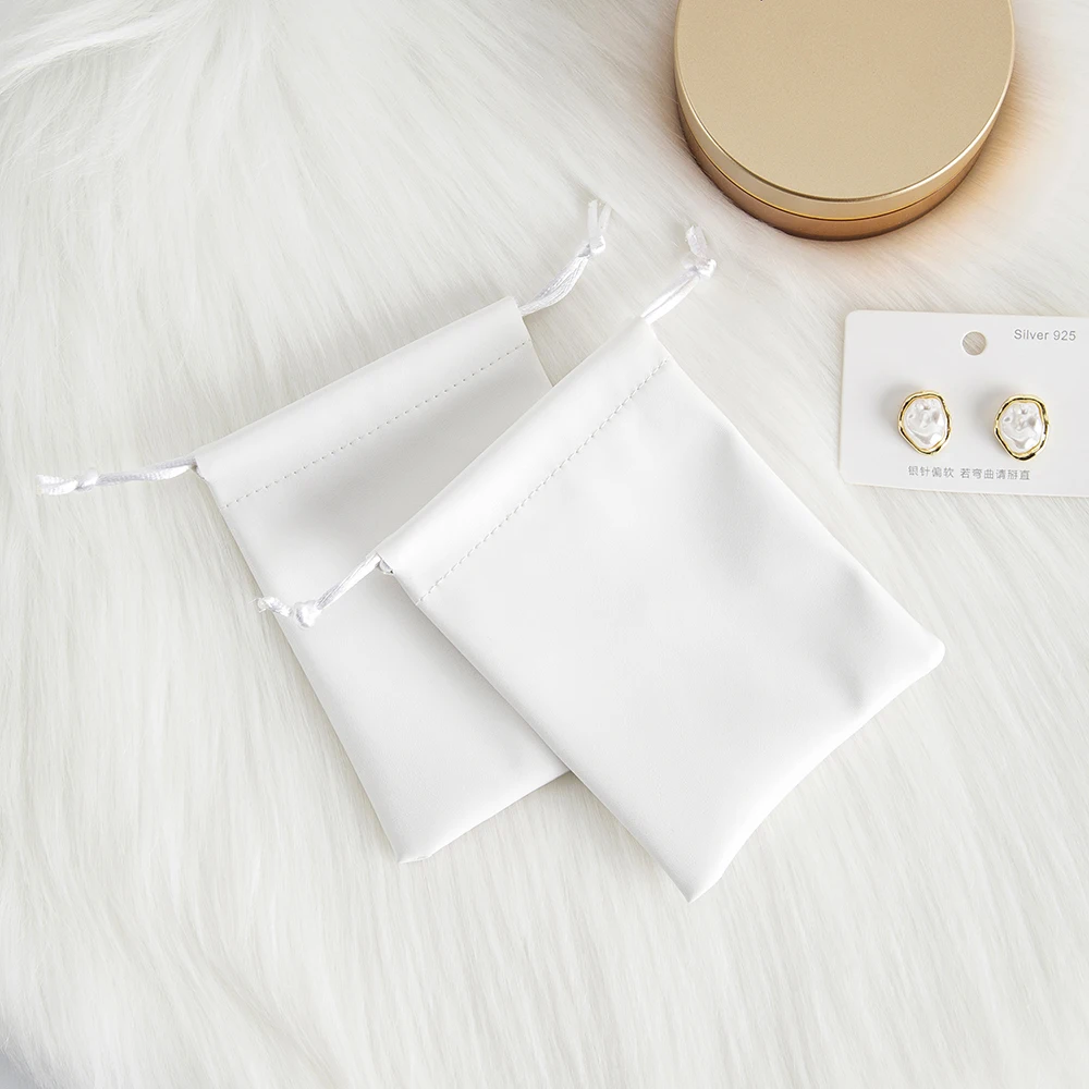 5Pcs White PU Leather Drawstring Jewelry Pouches Portable Storage Bags for Rings Earrings Bracelets Pendants Boutique Ornaments