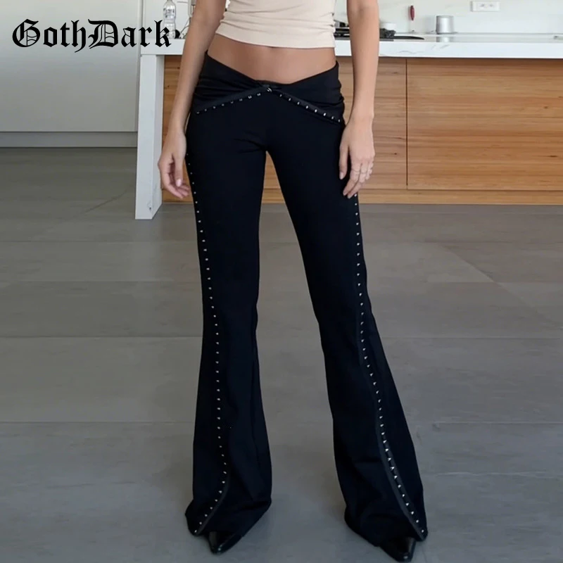 Goth Dark Vintage Style Low Waist Flare Pants Women Chic Button Placket Design Long Pant Mall Gothic Slim Trousers Techwear Y2K