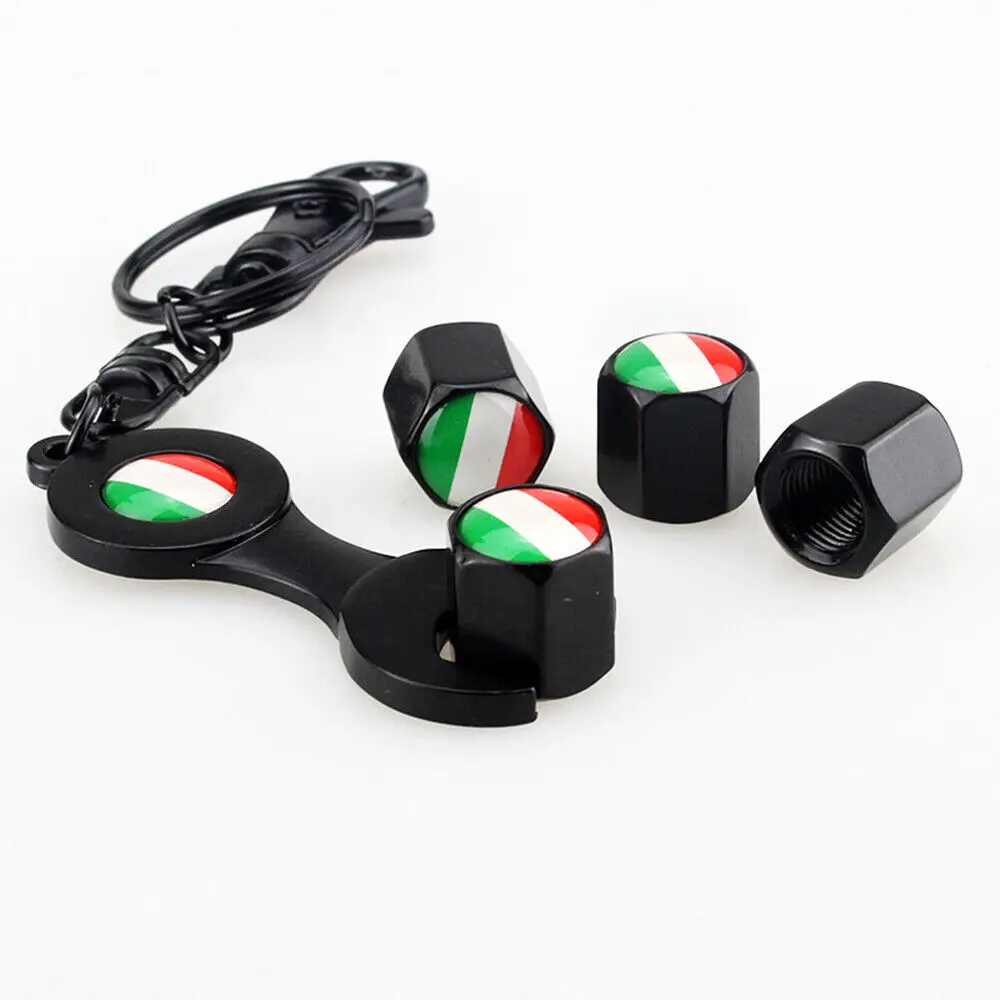 5pcs Italy Flag Black Car Tire Air Valve Stem Caps Key Ring KeyChain Universal Accessories