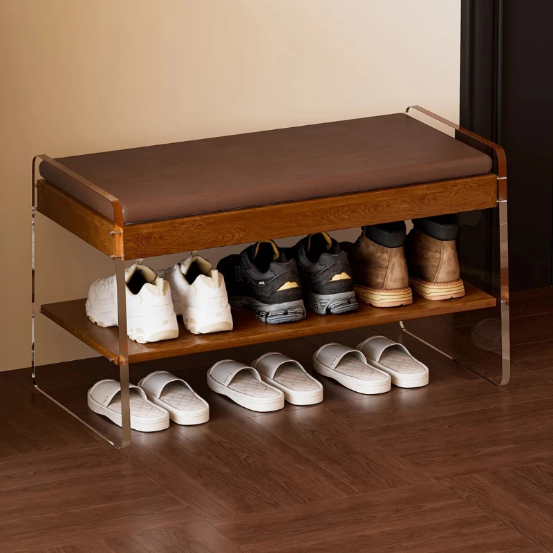 *Bamboo Wood Entryway Shoe Bench 2-Tier Open Storage Foot Stool with Soft Cushioned Seat for Small Apartment Hallway & Front Doo